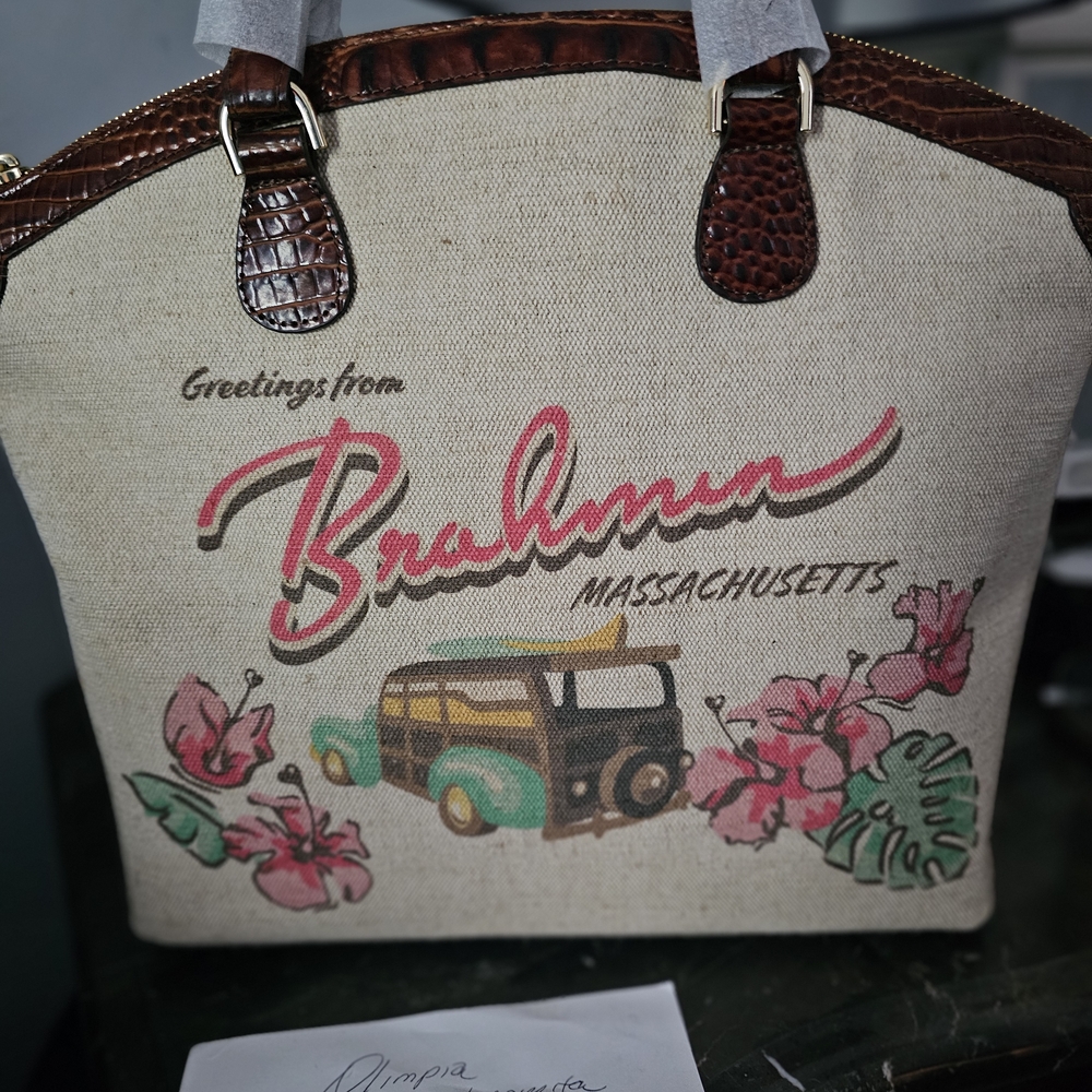 Brahmin Cream and Brown Tote with Floral Design
